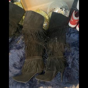 Chinese laundry Black suede fringe over the knee high heel boot. Sz 6.5